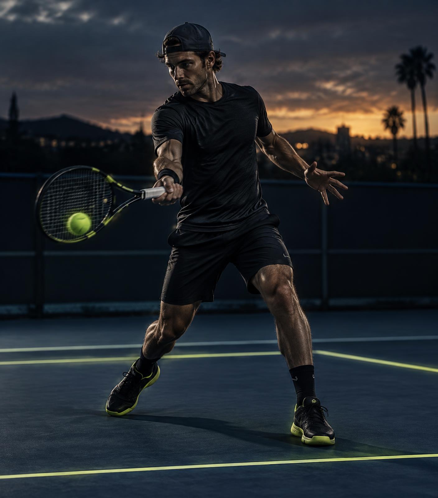 Tennis player striking a forehand on a floodlit court